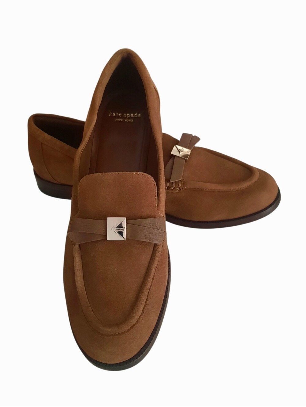KATE SPADE Cognac Brown Deco Bow Suede Loafer Preppy Classic Flats Sz 9B